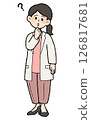 手繪風格女醫生穿著白大褂，上面有問號，前開襟，褲子款式 126817681