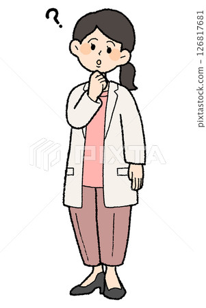 手繪風格女醫生穿著白大褂，上面有問號，前開襟，褲子款式 126817681