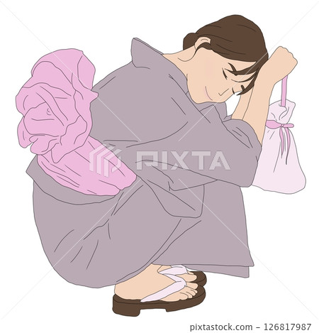 蹲著的身穿浴衣的女孩 126817987