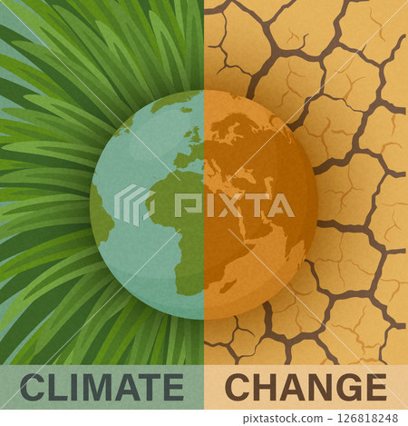 Climate Change, Vector Illustration. Climate Crisis, Climate Concept Design. Earth Split in Green and Dry Climate. Global Warming, Drought, Ecology Poster, Environmental Banner 126818248