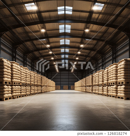 A huge warehouse where a huge amount of stockpiled rice is stored 126818274