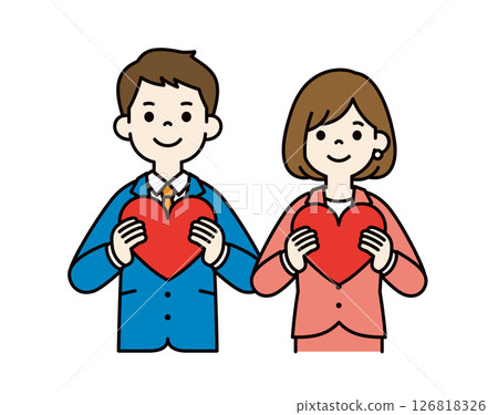 Simple vector illustration of a businessman holding a big heart in his chest_Men and women set_Color 126818326