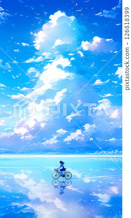 A fantastical scene of a girl riding a bicycle in a world where the sky and the water surface are one | A composition depicting a refreshing summer journey 126818399