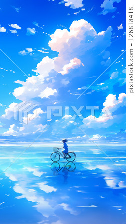 一個女孩騎著自行車在大海上行駛的幻想場景，背景是藍色的夏日天空和白雲。表達了晴空萬裡的旅途，清新爽朗的青春氣息。 126818418