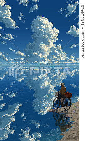 一個女孩騎著自行車在大海上行駛的幻想場景，背景是藍色的夏日天空和白雲。表達了晴空萬裡的旅途，清新爽朗的青春氣息。 126818419
