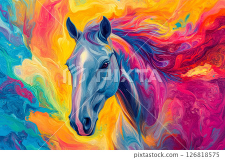 Vibrant colorful horse with flowing mane, artistic fantasy equine portrait, surreal wild mustang, abstract paint splashes, creative digital artwork. 126818575