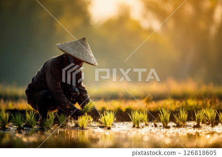 Serene rural scene of a Asian farmer planting rice seedlings in a lush green paddy field under soft natural light. 126818605