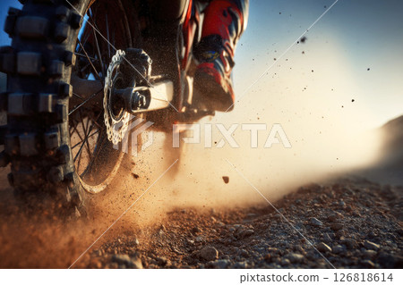 Dynamic image of rider in motion on cross bike speeding fast , leaving dust of sand behind. Dakar rally 126818614