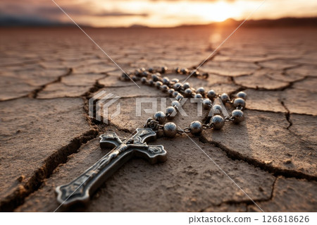 Silver Rosary and Wooden Cross on Cracked Desert Earth at Sunset. Silver Rosary and Wooden Cross on Cracked Desert Earth at Sunset. 126818626