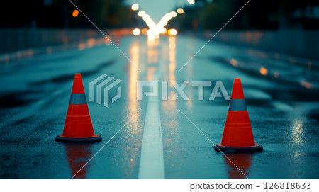 Orange and white traffic cones on a wet city street at night. 126818633