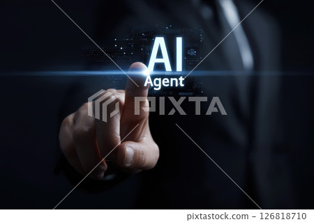 ai agent and ai brain is a artificial intelligence brain Businessman touching head tablet. 126818710