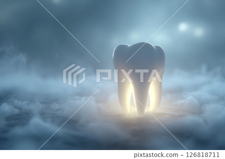 Tooth floating in a misty above a glowing platform, sci-fi dental tech theme. 126818711