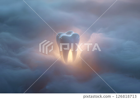Tooth floating in a misty above a glowing platform, sci-fi dental tech theme. 126818713