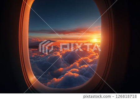 Gazing through airplane window at sunset. generative ai. 126818718