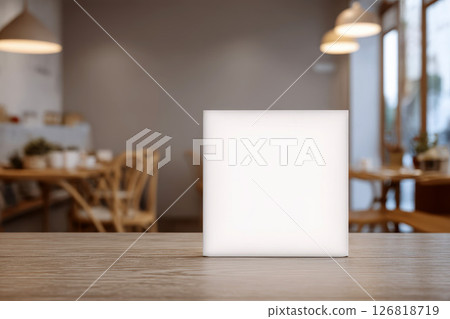 A blank white square card sits on the table of an urban coffee shop, with blurred lights in the background. Created with Ai. 126818719