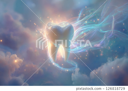 Tooth floating in a misty above a glowing platform, sci-fi dental tech theme. 126818729