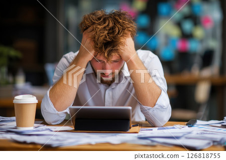 Stressed frustrated businessman suffering from headache at work. Exhausted tensed worker coping with migraine, emotional stress concept feeling pain. Stressed frustrated businessman suffering from headache at work. Exhausted tensed worker coping with migraine, emotional stress concept feeling pain. 126818755