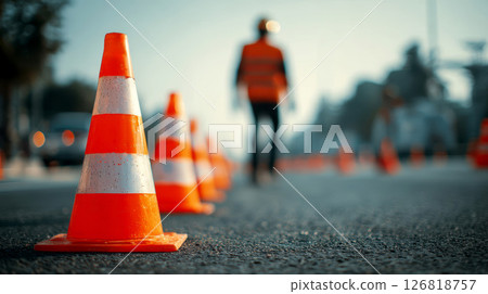 Construction Safety Gear in Urban Environment with traffic cones on road. Construction Safety Gear in Urban Environment with traffic cones on road. 126818757
