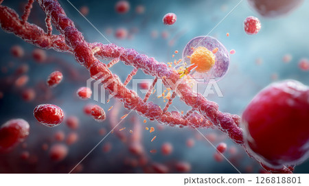 3D rendering of a DNA double helix structure surrounded by healthy immune cells (T-cells and B-cells). 126818801