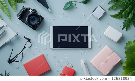 Clean e-commerce interface flat lay of gadgets and accessories with raindrop effects banner reading seasonal offers 126818924