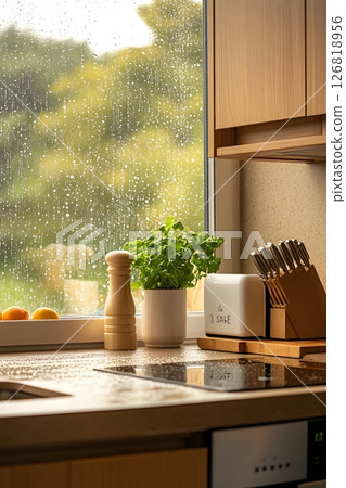 Home appliances in modern kitchen with window raindrops and monsoon season sale signage Home appliances in modern kitchen with window raindrops and monsoon season sale signage 126818956