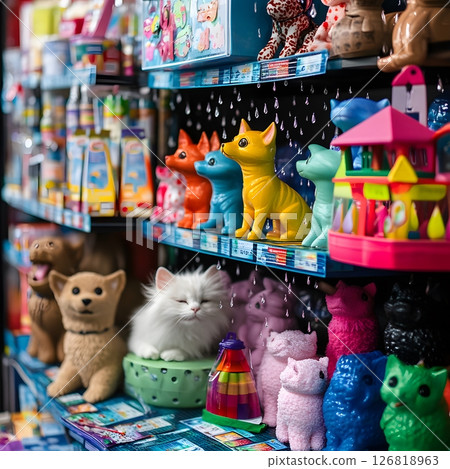 Pet supplies in colorful display with raindrop textures and cheerful rainy day theme 126818963