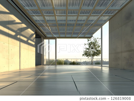 modern house solar roof panels open patio high resolution, ultra realistic, stock photo style 126819008