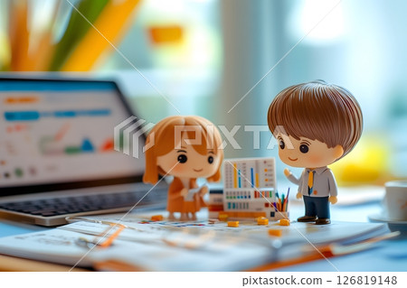 colleagues discussing performance metrics in bright conference room, stock photo style, realistic, 126819148