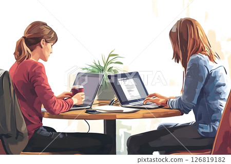coworkers enjoying coffee break with laptops beside, casual meeting, stock photo style, realistic, 126819182