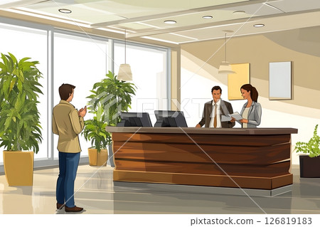 modern reception area with assistant greeting visitors, business setting, stock photo style, realistic, modern reception area with assistant greeting visitors, business setting, stock photo style, realistic, 126819183