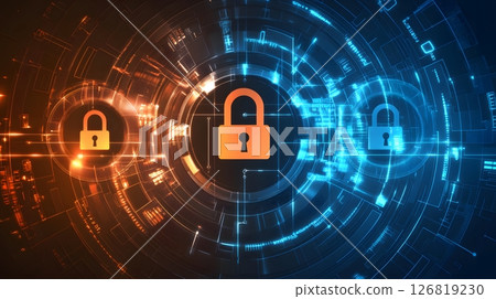 cybersecurity visualization with lock icons and data encryption grids, glowing background, 126819230