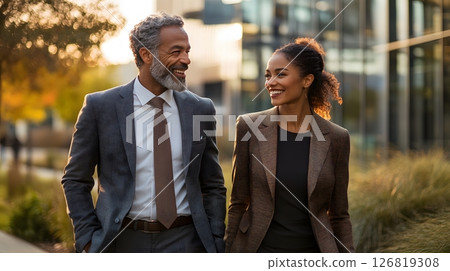 two executives walking together and talking in front of office building, professional appearance 126819308