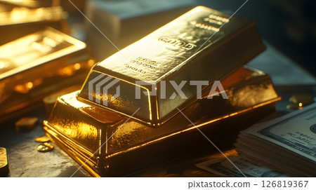 realistic gold bars stacked with financial reports and currency, 126819367