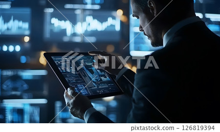 businessman analyzing investment portfolio on a tablet, with futuristic data visualization, 126819394