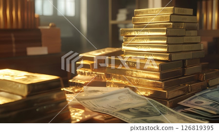 realistic gold bars stacked with financial reports and currency, 126819395