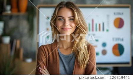 professional businesswoman giving a presentation to corporate team, modern office with whiteboard and graphs, confident posture 126819441