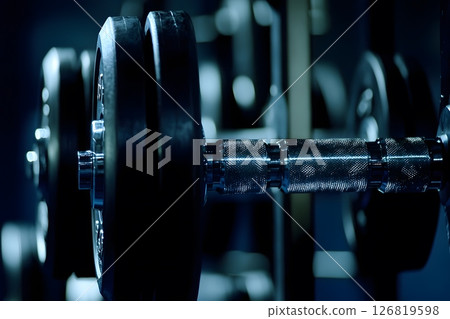 close-up of heavy dumbbells on gym rack, weight training session 126819598
