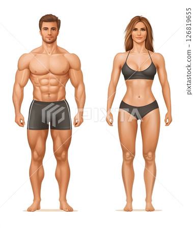 realistic depiction of body fat percentage levels, comparison between male and female, educational chart style 126819655