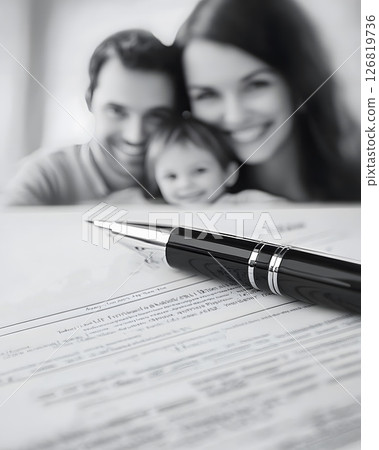 life insurance policy document with family photo, 126819736