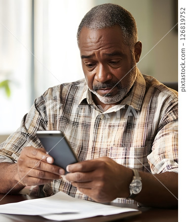 policyholder using smartphone to file a claim, 126819752