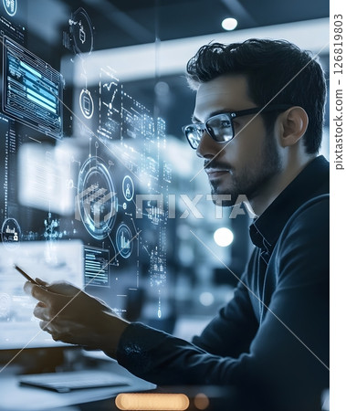 man connecting IoT devices in smart office, 126819803