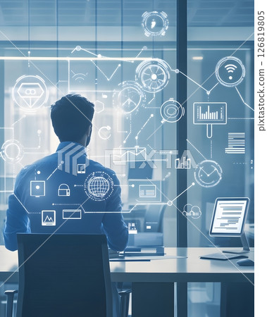man connecting IoT devices in smart office, man connecting IoT devices in smart office, 126819805
