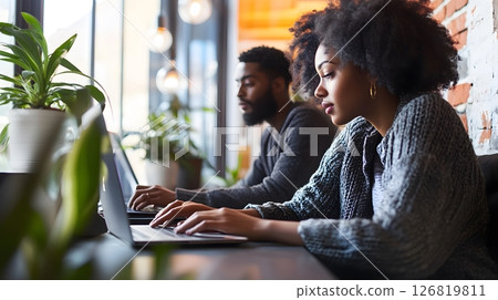 Young couple working side by side on laptops modern apartment relaxed mood everyday life Young couple working side by side on laptops modern apartment relaxed mood everyday life 126819811