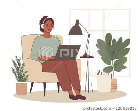 Therapist listening to client during online session headphones open laptop comforting setting 126819815
