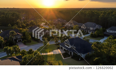 drone view of suburban neighborhood at sunset, 126820002