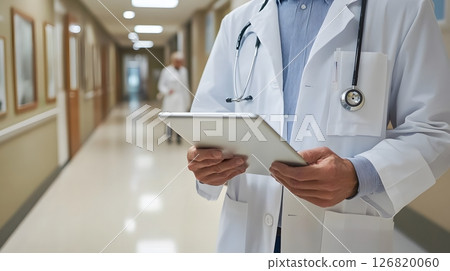 Digital health report interface active on tablet, doctor analyzing real-time data in clinic, 126820060