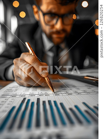 man highlighting net profit trends on printed financial report 126820254