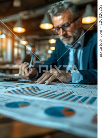 business team evaluating stock intrinsic value pointing at charts 126820255