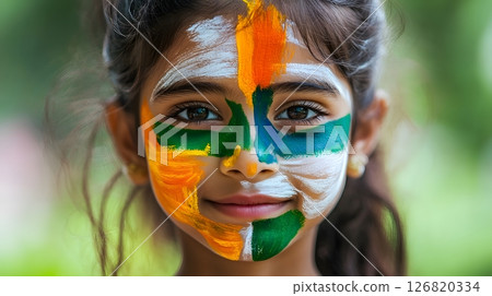 girl with face painted in indian flag colors 126820334