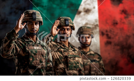 soldiers saluting with tricolor background 126820339